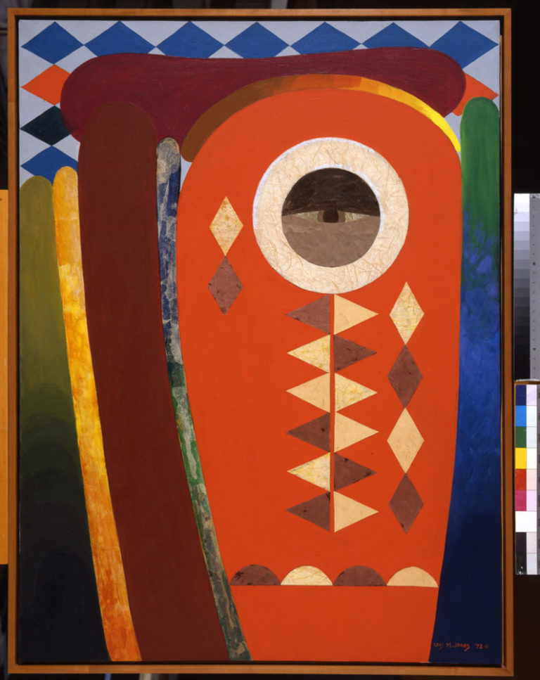 Semi-abstract composition in shades of blue, orange, yellow, green, grey, white and burgundy. In the center, an orange oval with a black and white eye in the center, supported by symmetrical strips of semi-circles and diamonds. Vertical blocks of color reach upwards on both sides.