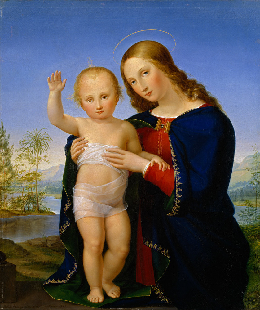 Painting of the Virgin Mary and an infant Jesus, both light-haired and light skinned. Held by Mary, Jesus stands on the hem of her blue robe, raising his right hand as they both gaze at the viewer. Behind, a daylight landscape with mountains, palm trees and a body of water.