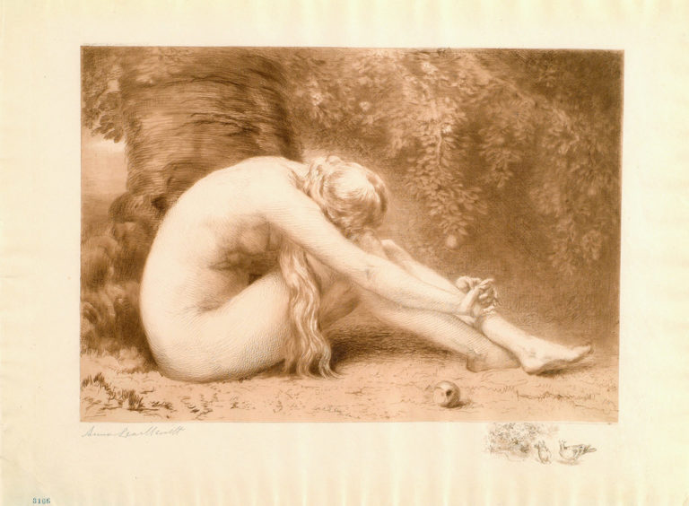 Reddish-brown print of a light-skinned nude female who sits in profile in front of a large twisted tree. She is bent over at the waist, hugs her bent knees with outstretched arms, and rests her head on her knees facing away from the viewer. A partially eaten apple rest in front.
