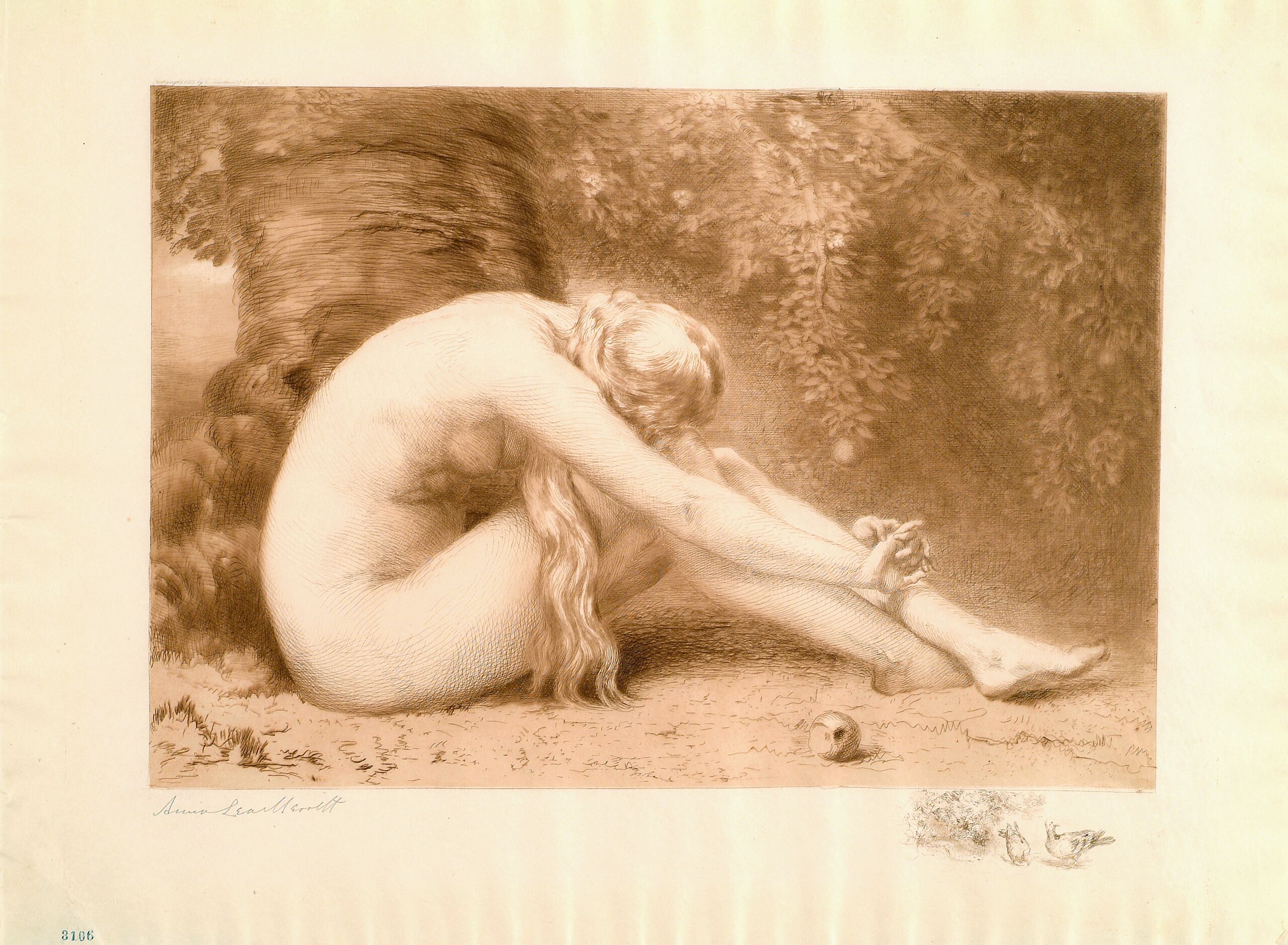Reddish-brown print of a light-skinned nude female who sits in profile in front of a large twisted tree. She is bent over at the waist, hugs her bent knees with outstretched arms, and rests her head on her knees facing away from the viewer. A partially eaten apple rests in front.
