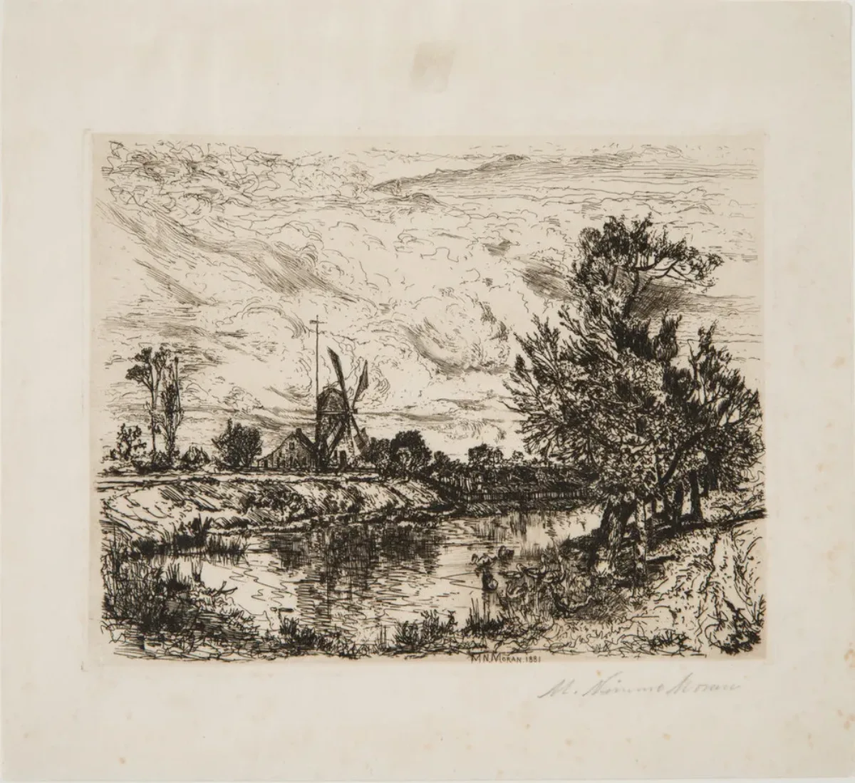 A black and white etching of a landscape with a cloudy sky. A body of water recedes into the background. On the left in the distance is a windmill next to which is a tall telephone pole and a small house and a few trees. On the right closer to the foreground is copse of trees.