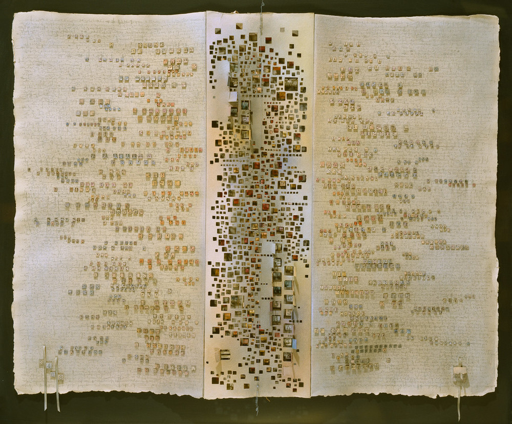 Large sheet of parchment with vertical creases appearing as open pages unbound from a book. Down the center spine, varying-sized squares have been cut out, creating a three-dimensional quality. The cut-out squares have been arranged to resembe musical score on the adjacent pages.