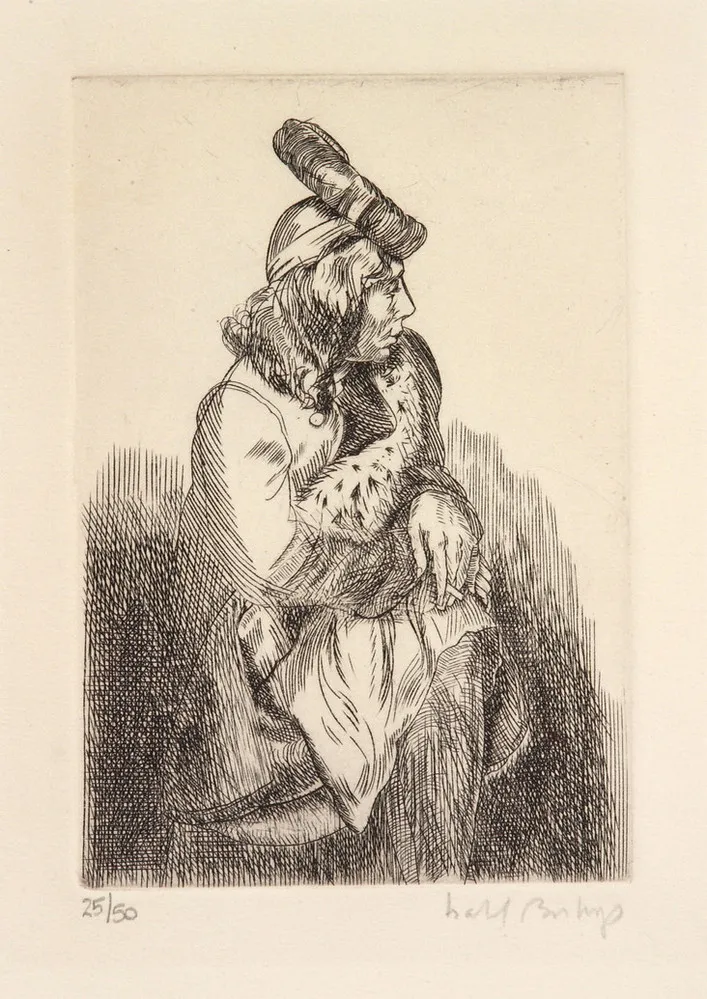 Woman with large hat sits contemplatively, looking left, her arms resting on her crossed knees, holding a cigarette. Dark lines of print begin on the bottom, fading out towards the center, in line with her hands. A long fur stole reaches over her coat, crossing her body.