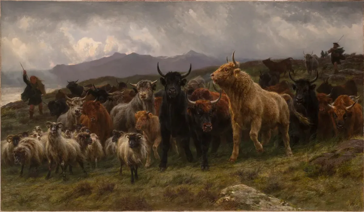 A large group of animals is herded by two shepherds on a grassy hill above the ocean. Black, tan, and red bulls crowd small white sheep with curled horns. The animals move nervously, their coats blowing in the wind. Clouds in the background suggest an impending storm.