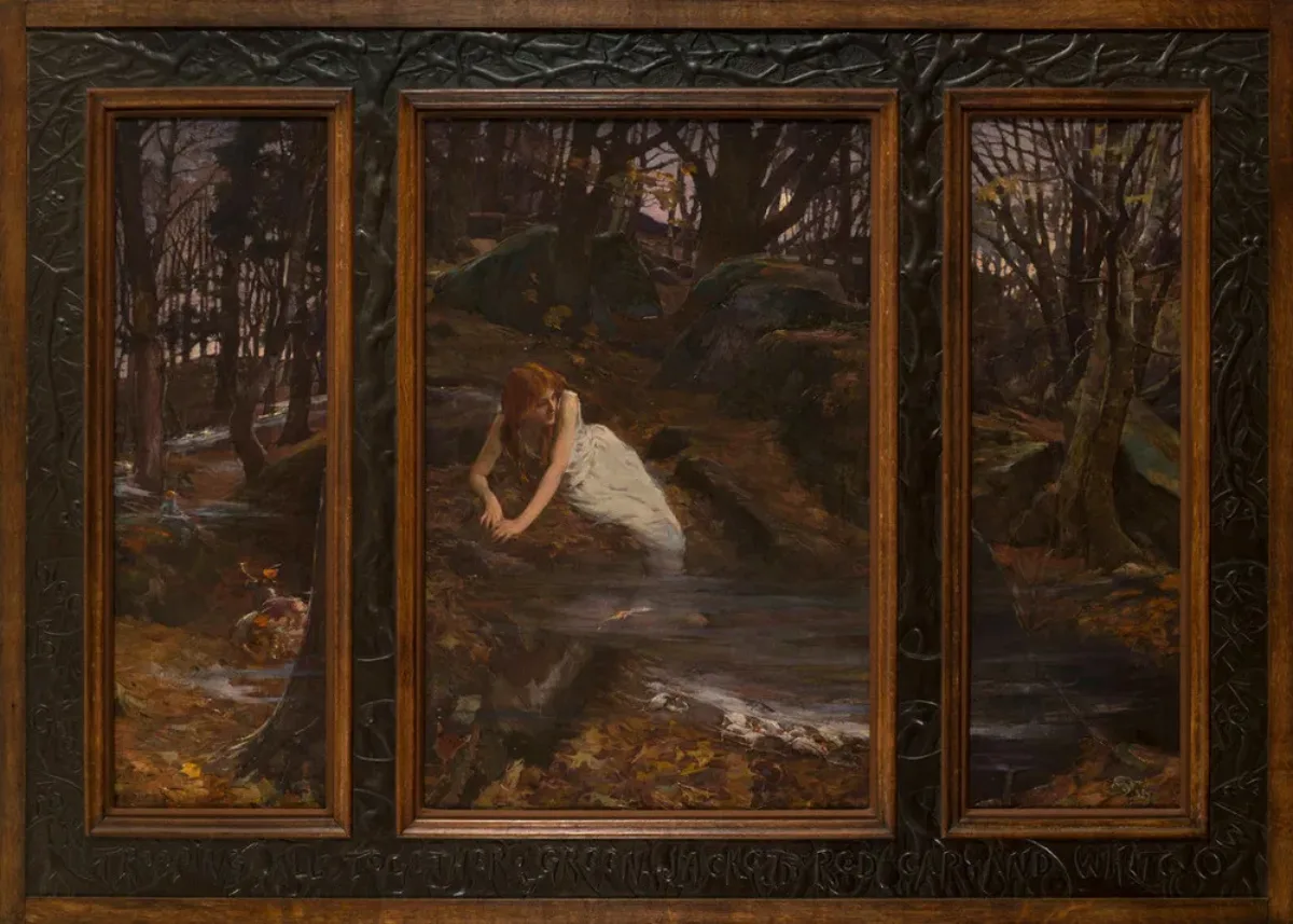 An auburn-haired, light-skinned young woman occupies the central panel of a triptych. Barefoot and clad in a sleeveless white dress, she reclines on a bed of autumn leaves in a rocky, moonlit landscape. The mist at her feet obscures mice. Fairy folk frolic in the left panel.