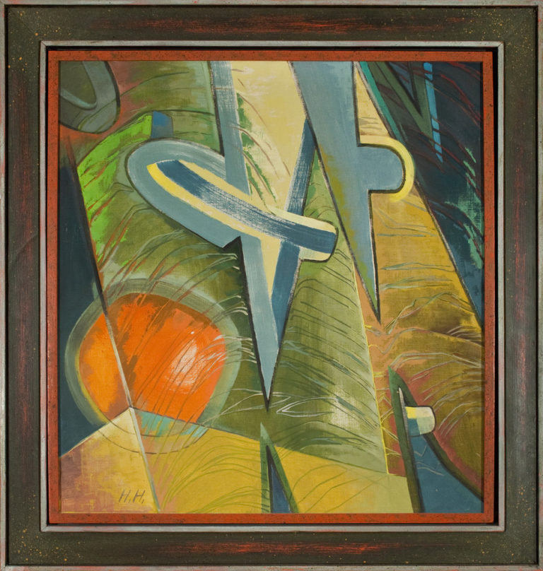 Abstract painting rendered in sketchy brushstrokes features stylized geometric shapes in an architectural composition. Muted blues, greens, and yellows dominate while a deep orange circle blazes in the lower left quadrant.