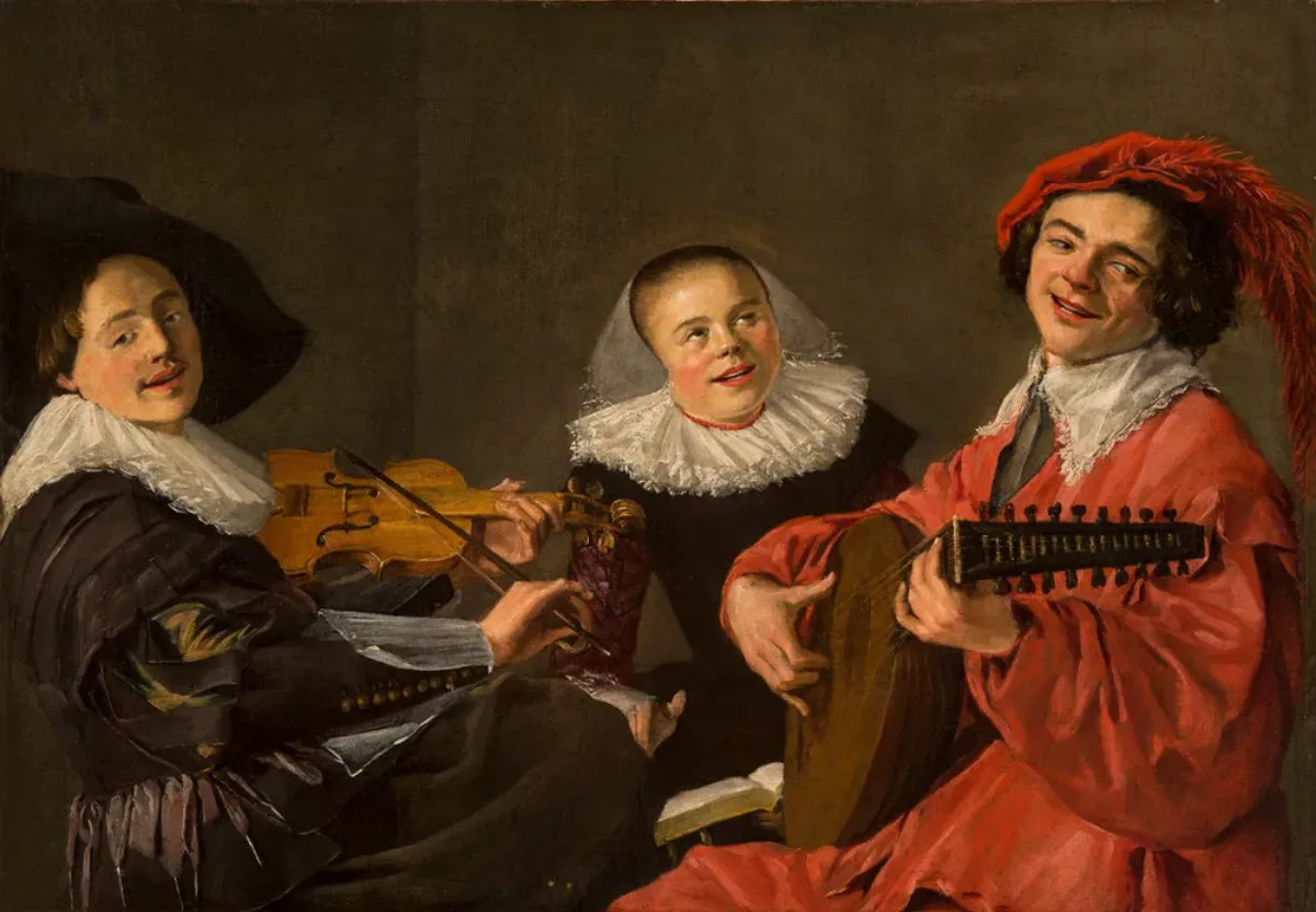 Painting of a trio of smiling musicians. On the left, a man wears a large black hat and plays the violin. On the right sits a man in orange wearing a feathered hat and playing the mandolin. In the center sits a woman dressed in black, opening her mouth in song.