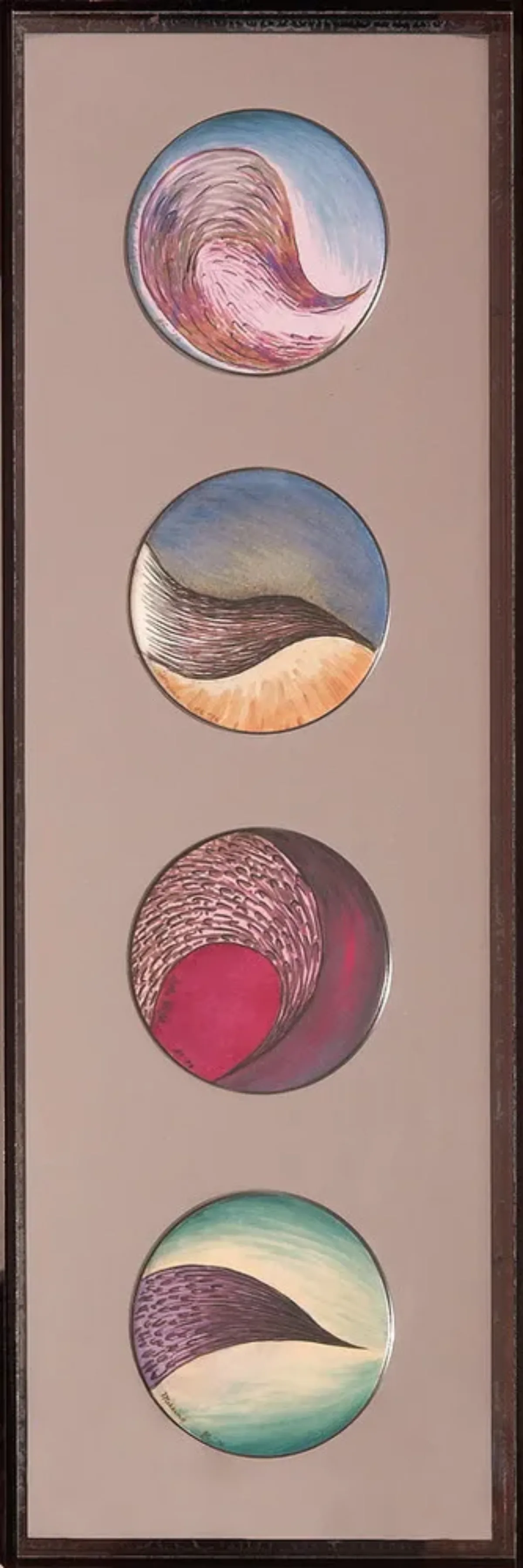 Four painted plates are displayed vertically against a mauve background within a brown frame. Each plate is painted with colorful swirls of pink, blue, brown, sand, and green. The painted shapes suggest abstract landscapes or organic forms.