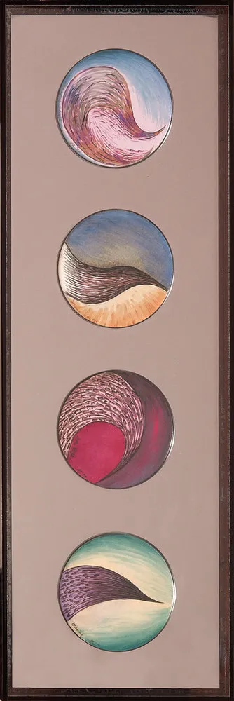 Four painted plates are displayed vertically against a mauve background within a brown frame. Each plate is painted with colorful swirls of pink, blue, brown, sand, and green. The painted shapes suggest abstract landscapes or organic forms.