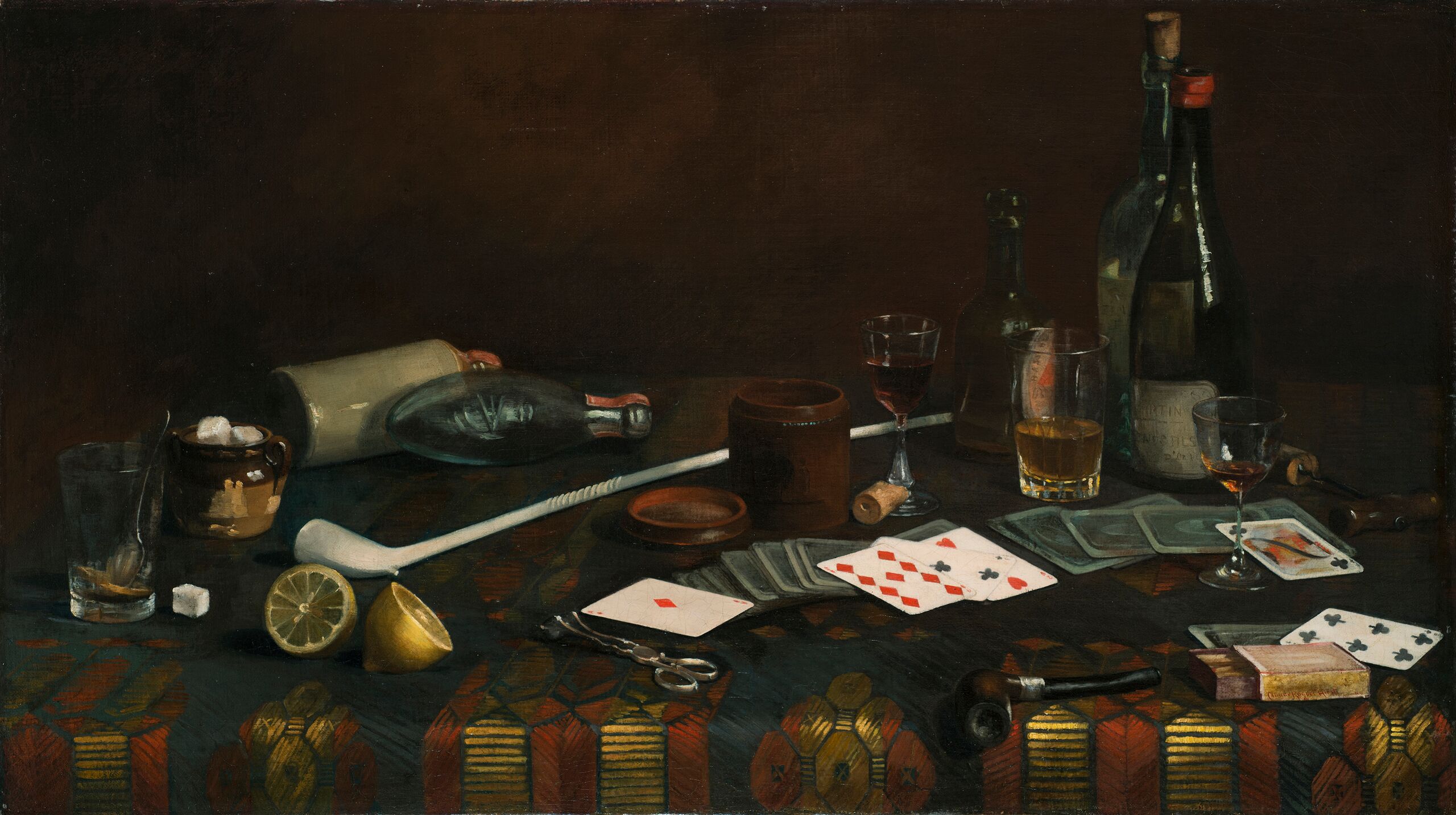 Painting of a blue tablecloth with gold and red pattern. Strewn across the top are half-empty glasses of wine and brown liquid, playing cards, lemon halves, and matches. Two pipes, one long and white, one small and dark, lie next to a container of sugar cubes, corks, and bottles.
