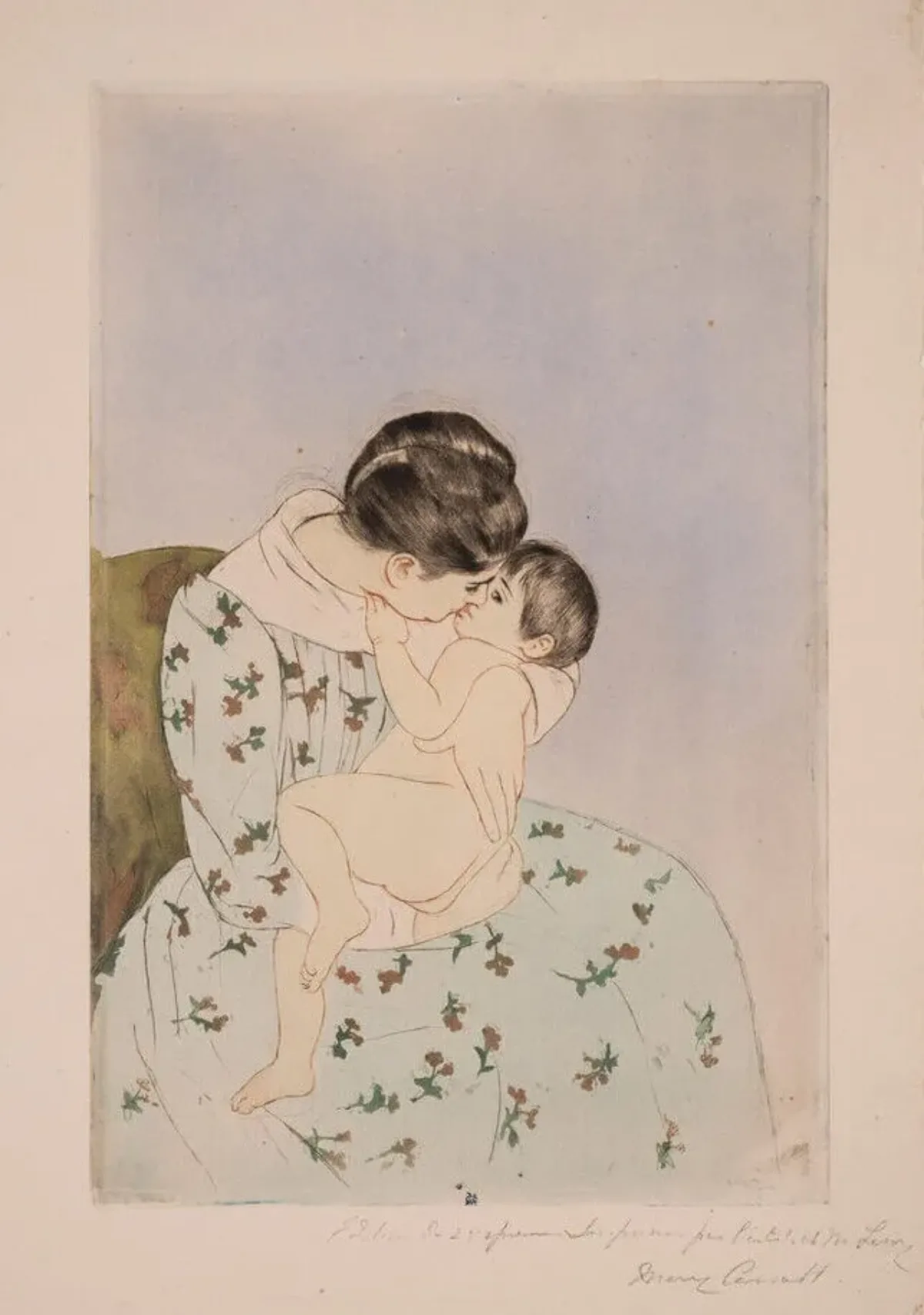 A print portrays a seated, dark-haired, light-skinned woman cradling a naked infant closely. She tilts her head down as if to kiss the child, who appears to make eye contact with her. The woman wears a pale blue, patterned dress, which almost blends into the blue background.