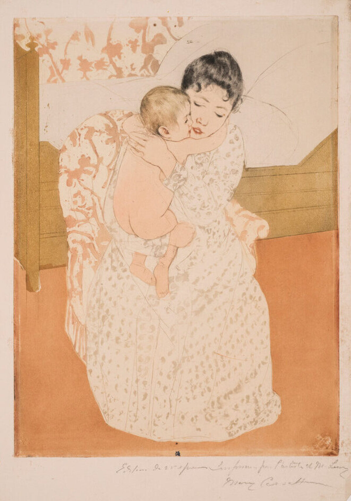 A print shows a dark-haired, light-skinned woman sitting in a chair before a simple bed and closely embracing a naked infant. The baby’s arm encircles her neck, and their cheeks touch. The lack of shading and the pattern repeated on the back wall and chair flatten the space.