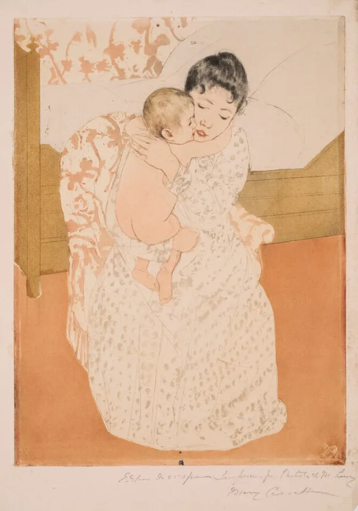 A print shows a dark-haired, light-skinned woman sitting in a chair before a simple bed and closely embracing a naked infant. The baby’s arm encircles her neck, and their cheeks touch. The lack of shading and the pattern repeated on the back wall and chair flatten the space.