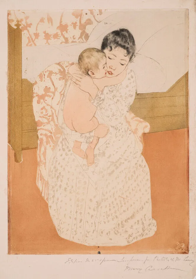 A print shows a dark-haired, light-skinned woman sitting in a chair before a simple bed and closely embracing a naked infant. The baby’s arm encircles her neck, and their cheeks touch. The lack of shading and the pattern repeated on the back wall and chair flatten the space.