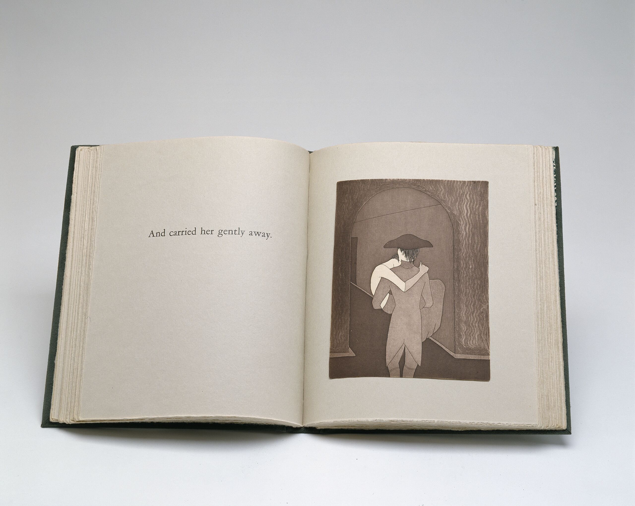 Visual novel, open to a black and white print depicting a man with his back to the viewer, wearing a hat and coat with tails, carrying a woman in his arms, her arm draped around his neck and legs hanging loosely. The opposite page reads "And carried her gently away."
