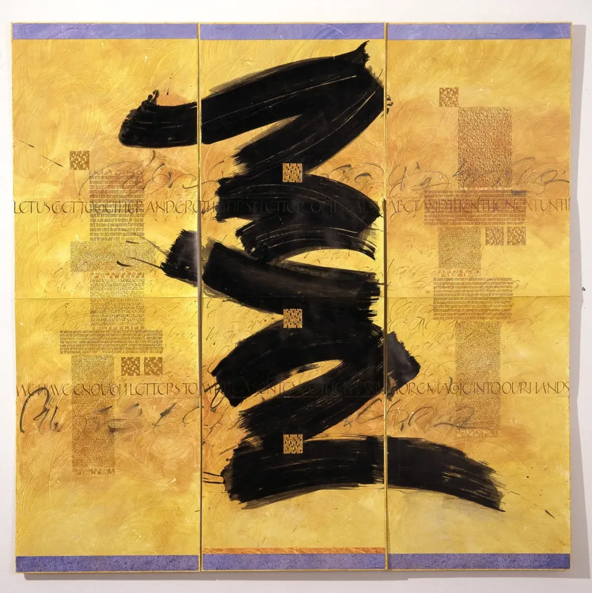 Three vertical panels of warm yellow paper with faint black text. A large, black, calligraphic flourish is on the central panel, extending slightly onto each of the side panels. Three golden squares are superimposed at intervals, vertically, on top of the black flourish in the central panel.