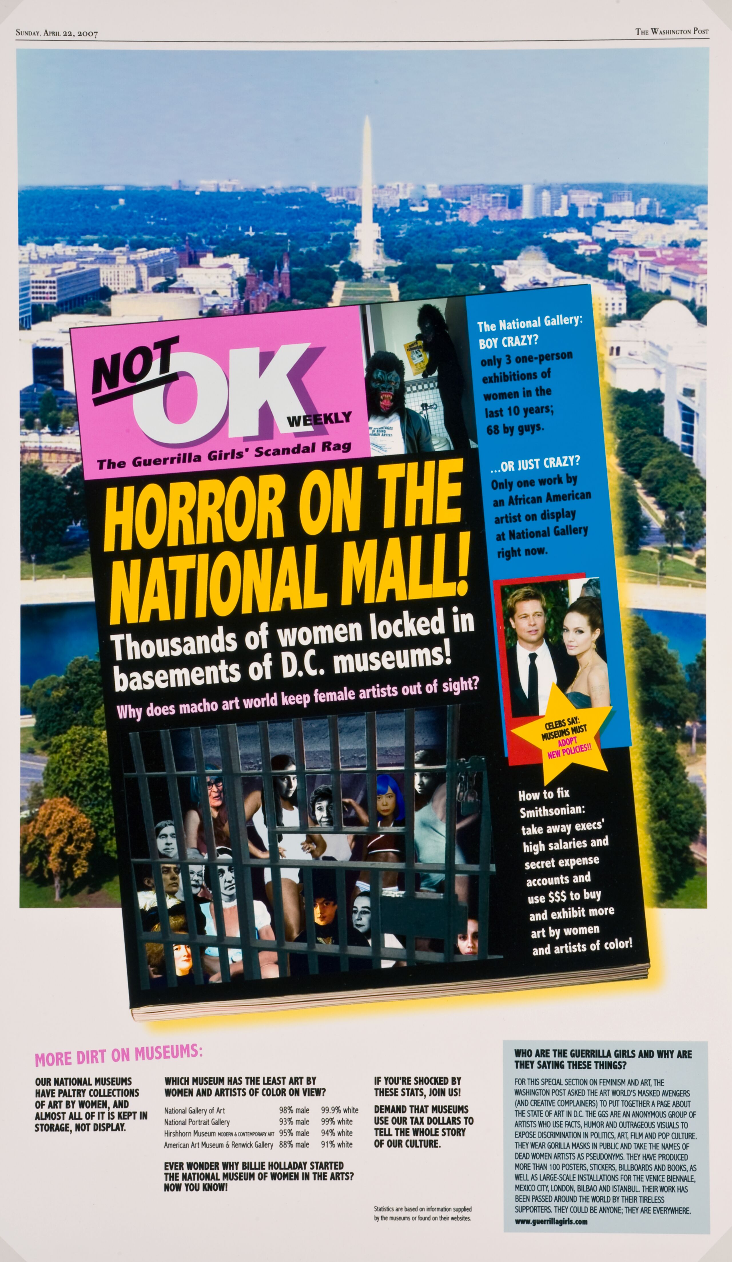 A vertical poster of the National Mall in Washington, D.C., features a tabloid-style broadside superimposed on top. The satirical graphic art shows prominent female artists behind jail bars and the headline, “Horror on the National Mall! Thousands of women locked in basements of D.C. museums!”