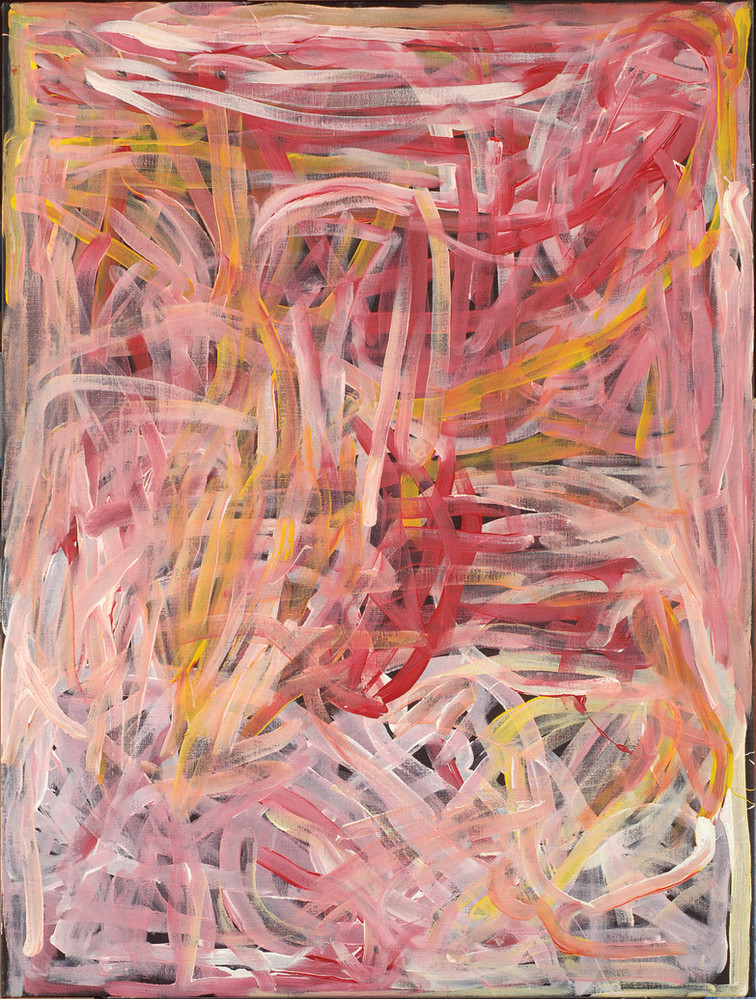 Abstract painting of long, layered brushstrokes in shades of red, pink, orange and white, laid over a black background. The brushstrokes intersect, weave together, and overlap, creating a frenzied web of lines.