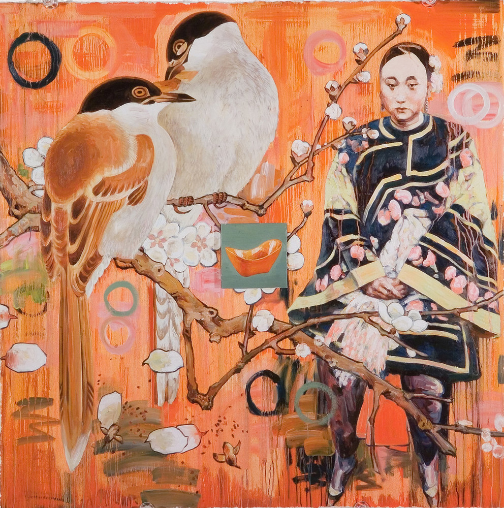 Amid varied motifs that appear collaged or painted on an orange, coral, and peach background, a pair of large black, white, and tan birds perch on a flowering branch, which scatters petals. To the right, a seated, light-skinned woman with Asian features wears an elegant tunic.
