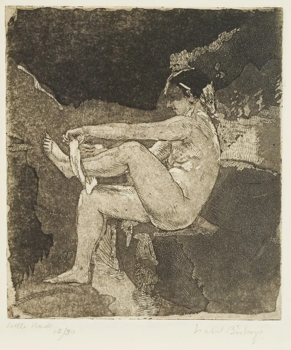 Print of a seated woman removing her white underwear. Seen from the side, the lifts her left leg and pulls with both hands. Her light skin contrasts with her dark hair and the grey and black background behind her, which is structured by abstract shapes resembling rocks.