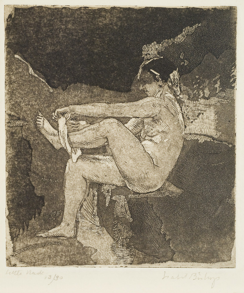 Print of a seated woman removing her white underwear. Seen from the side, the lifts her left leg and pulls with both hands. Her light skin contrasts with her dark hair and the grey and black background behind her, which is structured by abstract shapes resembling rocks.