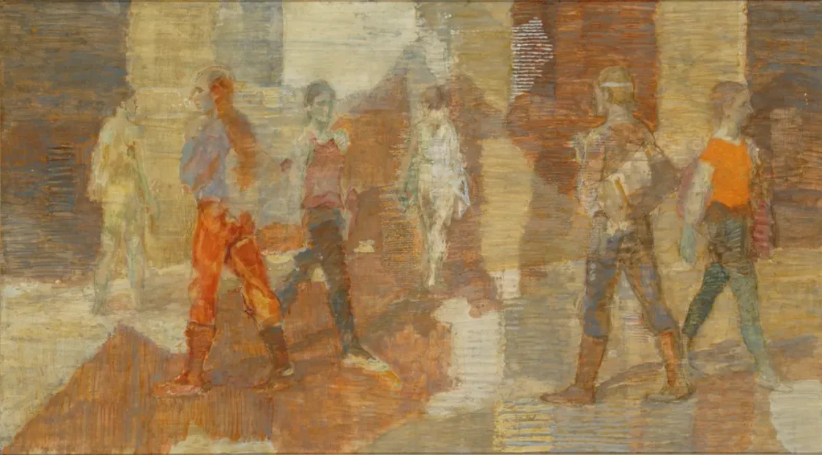 Six painted figures walk through a space structured by rectangular shapes of red, brown and tan. Dressed mainly in pants, boots and shortsleeved shirts, the figures pass each other without interacting and move in many directions. The texture of the panel surface shows through the paint.