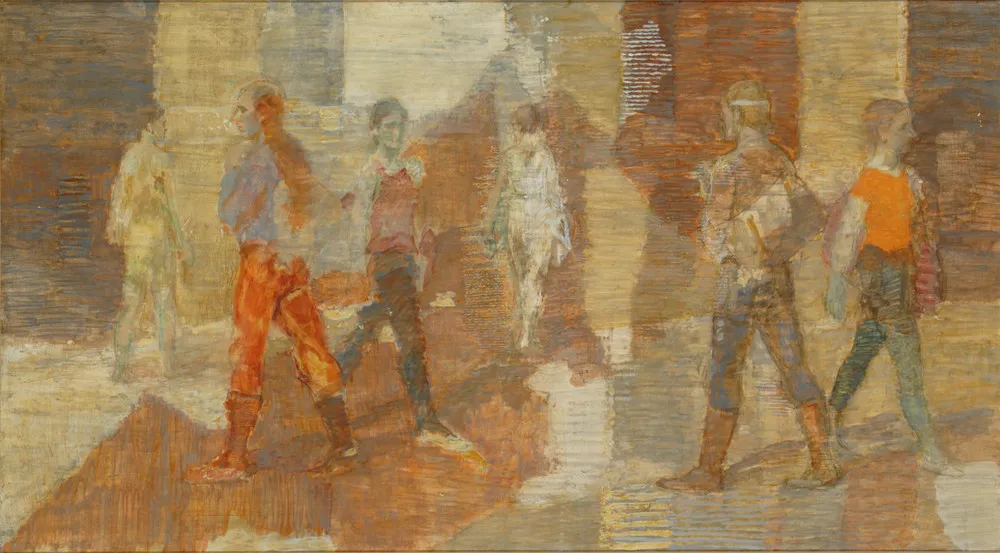 Six painted figures walk through a space structured by rectangular shapes of red, brown and tan. Dressed mainly in pants, boots and shortsleeved shirts, the figures pass each other without interacting and move in many directions. The texture of the panel surface shows through the paint.