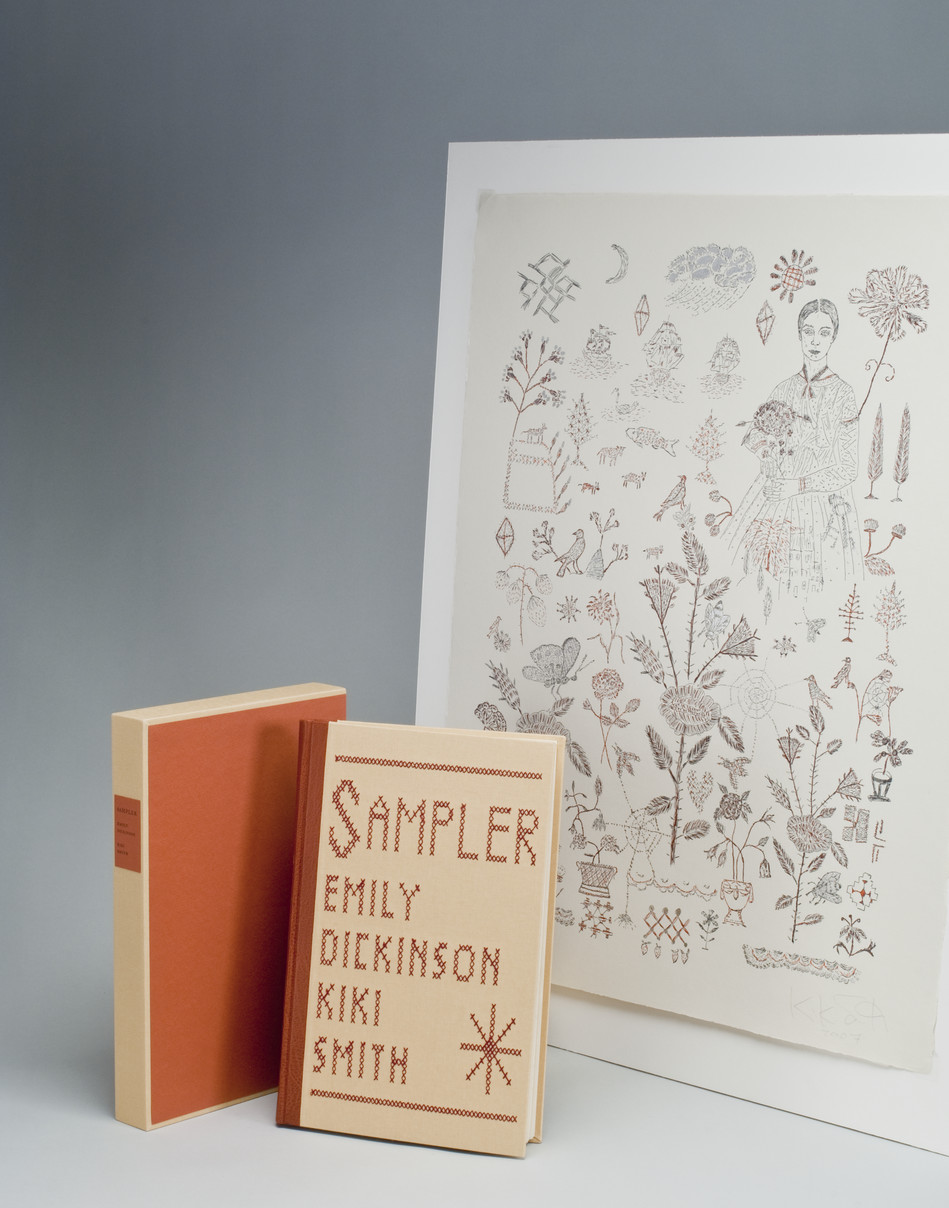 A beige book with orange binding and text in needlepoint on cover that reads, "Sampler Emily Dickinson Kiki Smith." A beige and orange book sleeve is to the left and a large print of flowers, insects, and faces is in the background.