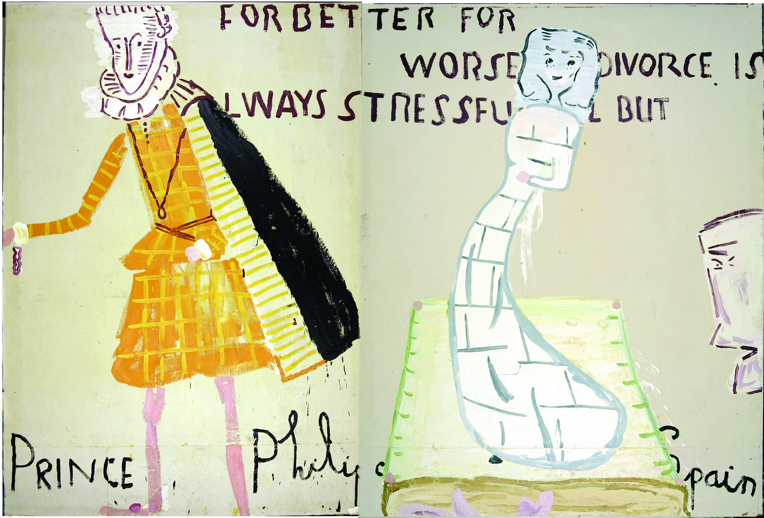 A man, modeled after Philip IV of Spain, wears a black cape and gold garments and stands facing away from a bride atop a wedding cake.They are painted in a cartoonish style. Behind them, capitalized text reads, “for better for worse divorce is always st