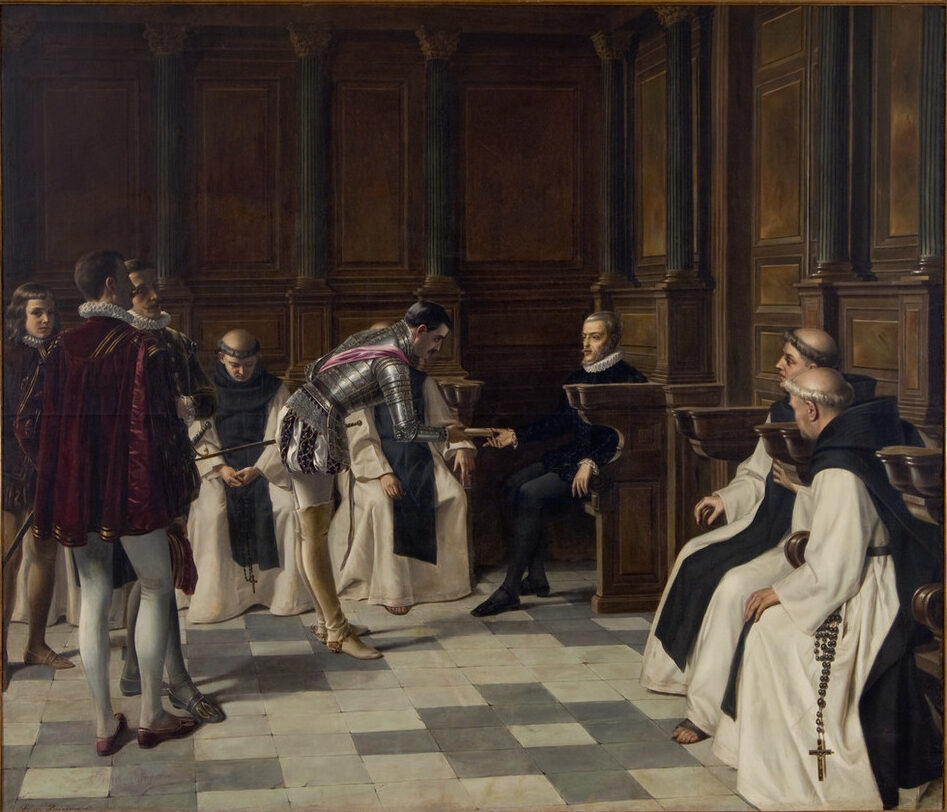 Very large painting, realistically depicting a king's court. Dark wood-paneled walls with tall column surround members of the clergy and court, all light-skinned men, attending the seated king. A man in armor bows to the king while handing him a scroll.