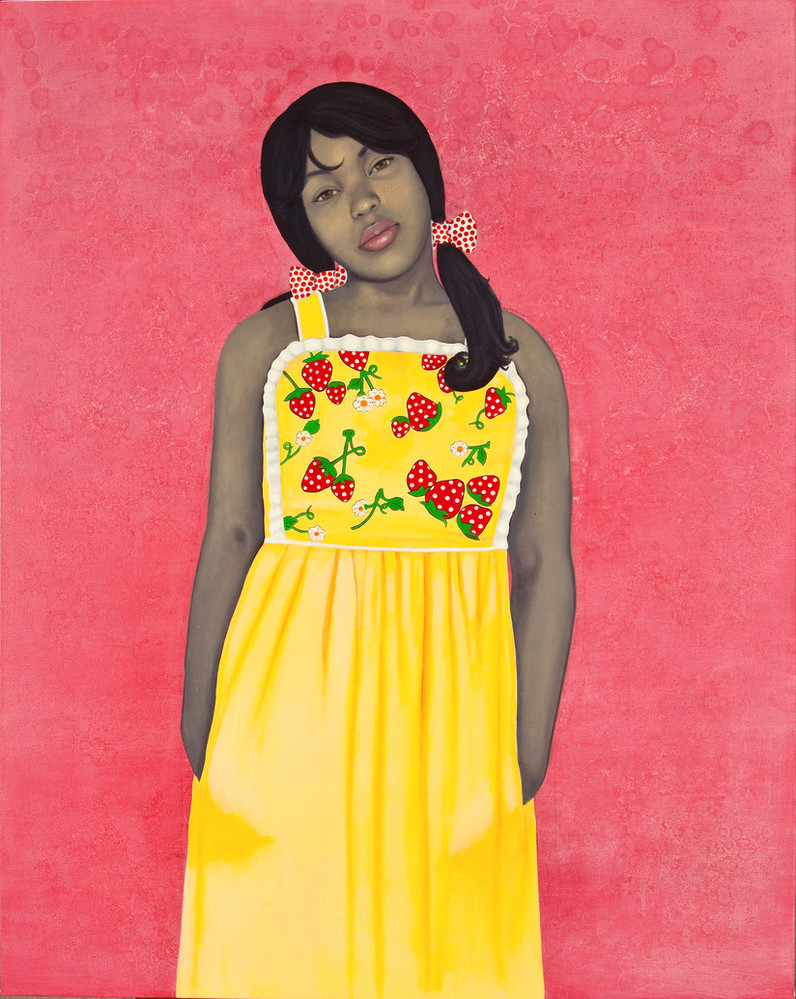 Wearing a bright yellow apron-style dress with strawberries and lace-trim details, an expressionless young woman with medium-dark skin tone rendered in grayscale stares out with her hands in her dress pockets. Her head is cocked to one side against an intensely pink-colored background.