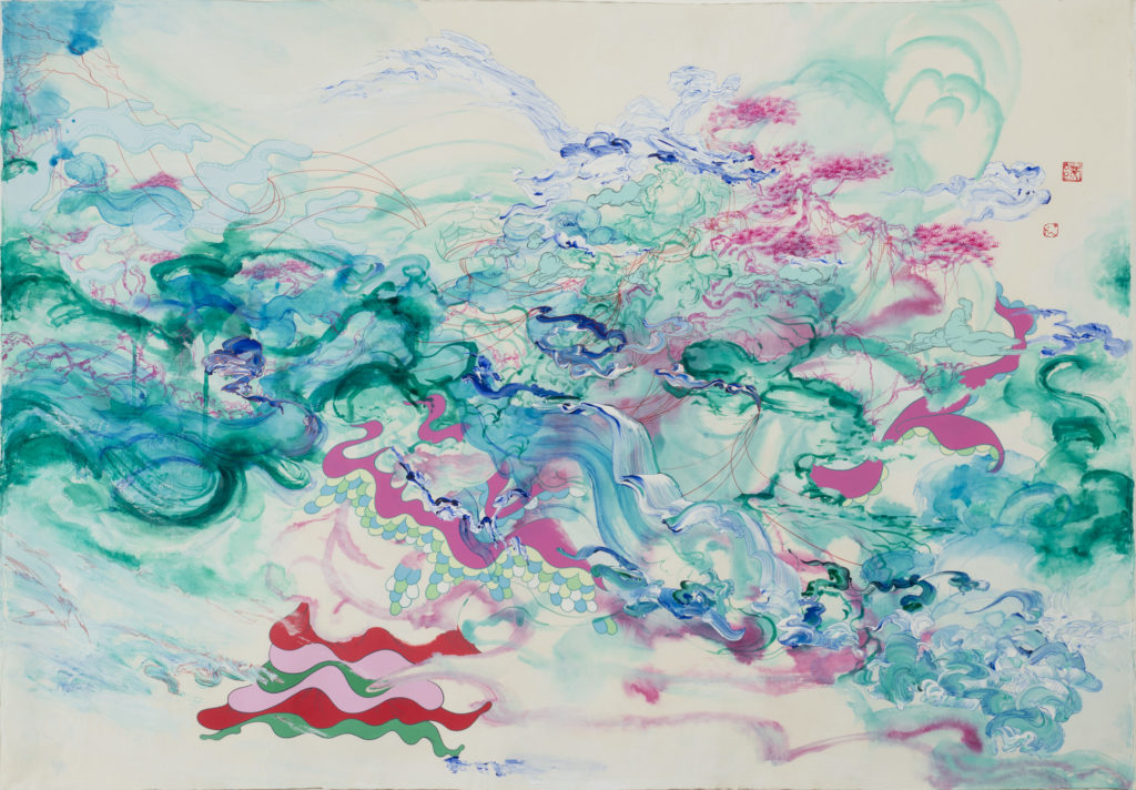 Abstract painting features translucent, wave-like turquoise, aquamarine, and fuchsia washes mingled with red lines and hard-edged, matte-pink sinuous shapes bounded by blue and green scales. Other details resolve into a human hand, tree-sprigged mountains, and craggy branches.