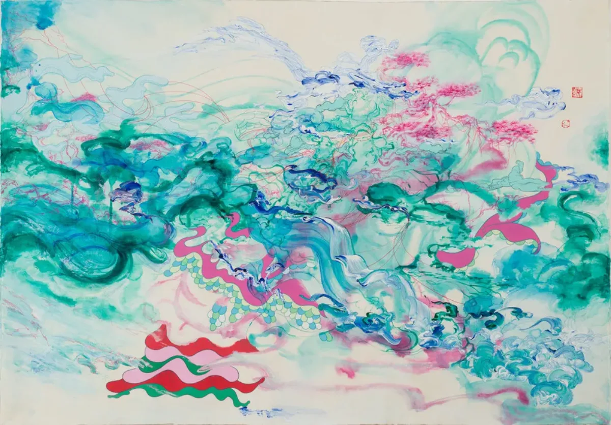 Abstract painting features translucent, wave-like turquoise, aquamarine, and fuchsia washes mingled with red lines and hard-edged, matte-pink sinuous shapes bounded by blue and green scales. Other details resolve into a human hand, tree-sprigged mountains, and craggy branches.