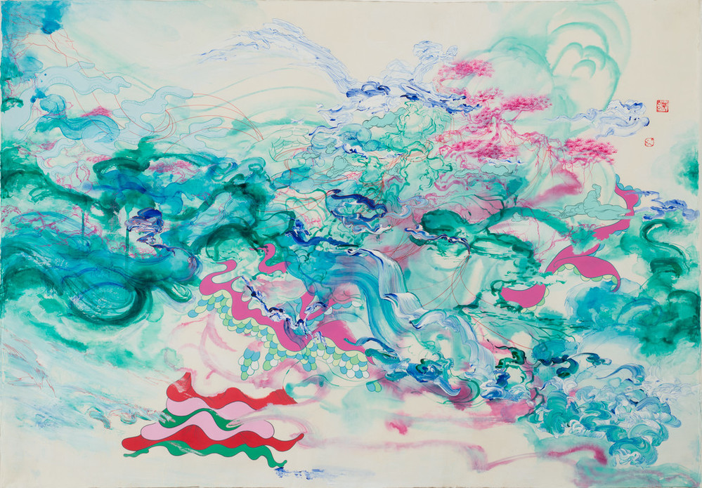 Abstract painting features translucent, wave-like turquoise, aquamarine, and fuchsia washes mingled with red lines and hard-edged, matte-pink sinuous shapes bounded by blue and green scales. Other details resolve into a human hand, tree-sprigged mountains, and craggy branches.