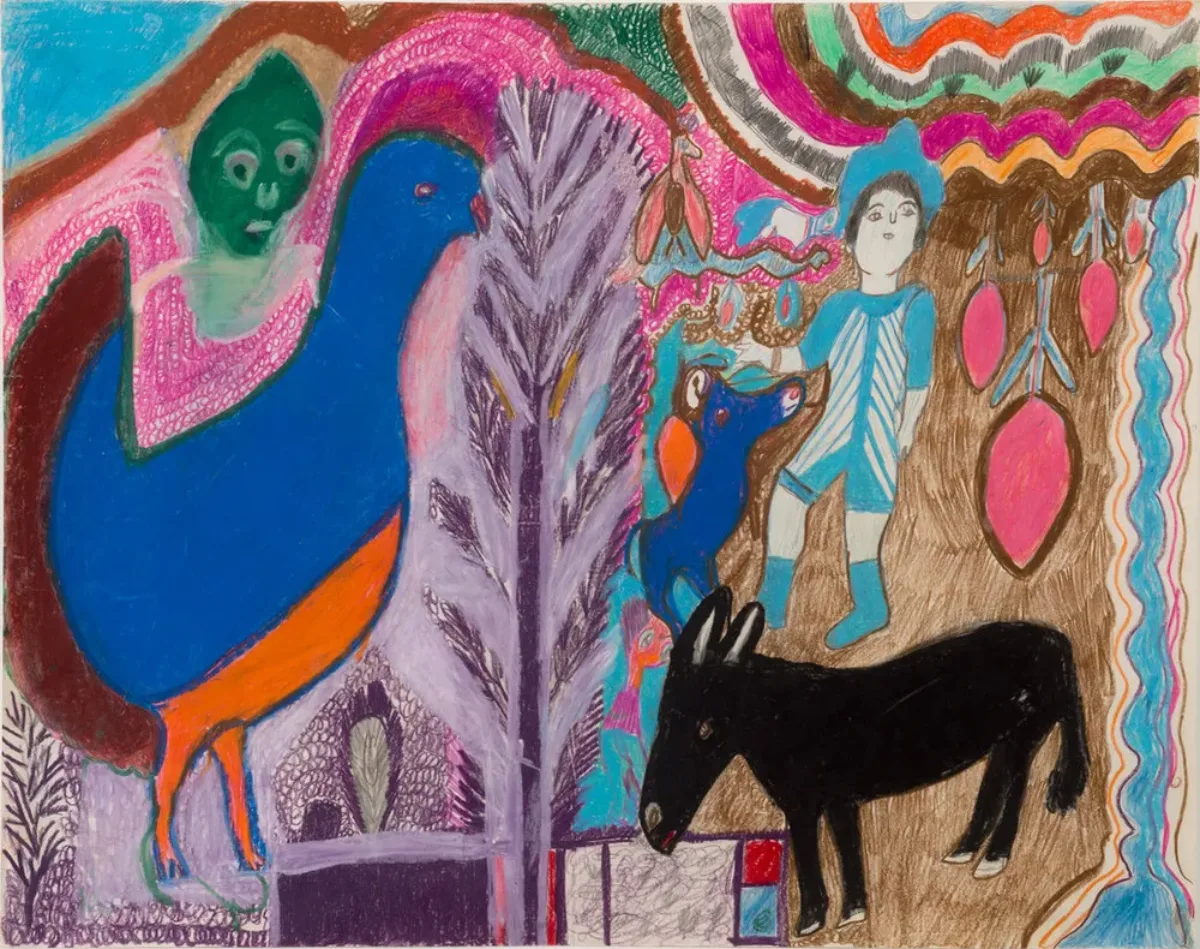 A vividly colored drawing of multiple elements including a large blue bird at the left, over which hovers a green face. In the center is a purple tree.To the right are a black donkey, a figure dressed in light blue stripes and a dark blue dog.