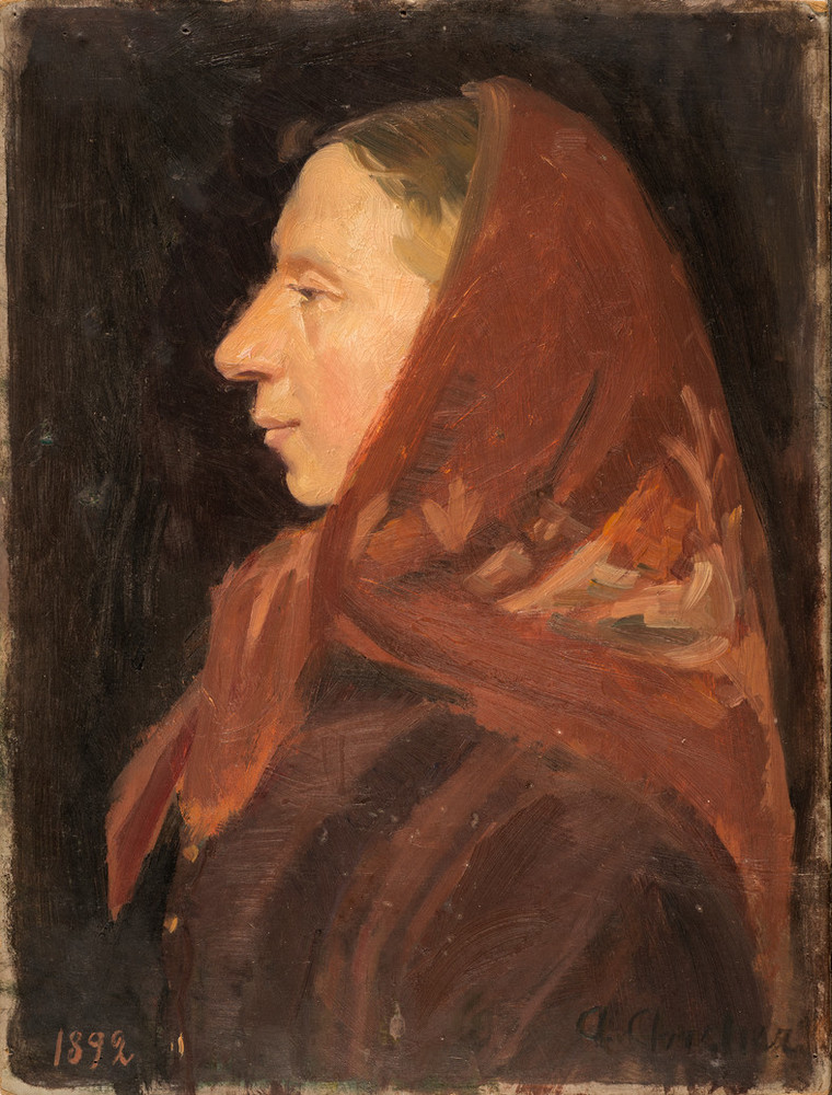 Painting of a light-skinned, older woman in profile, wearing a rust-brown headscarf with beige and yellow embroidered detail along the bottom, rendered loosely, against a dark background.