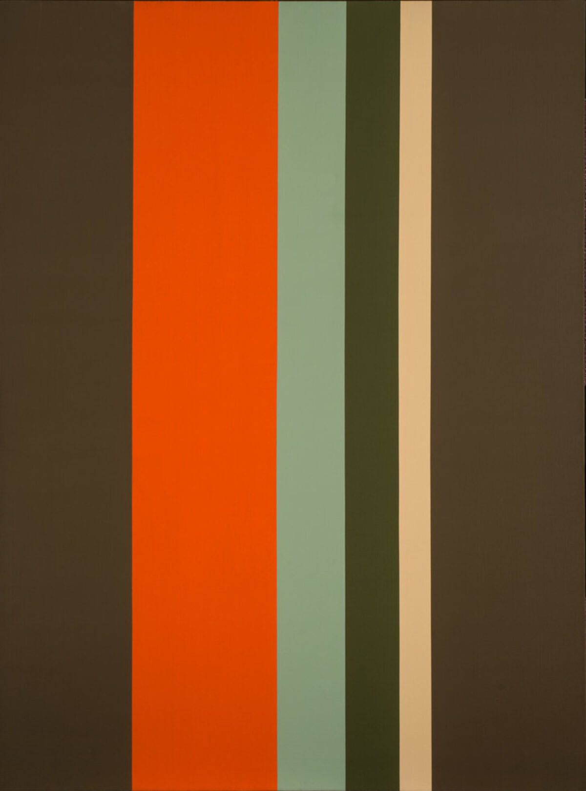 Large, minimalist painting consisting of six clean, vertical stripes of varying widths. At the center, the composition features a wide dark orange stripe with thinner pale yellow, mint and olive green stripes, flanked by two wide dark drab green stripes.