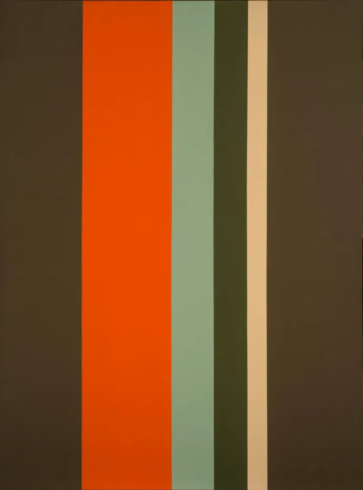 Large, minimalist painting consisting of six clean, vertical stripes of varying widths. At the center, the composition features a wide dark orange stripe with thinner pale yellow, mint and olive green stripes, flanked by two wide dark drab green stripes.