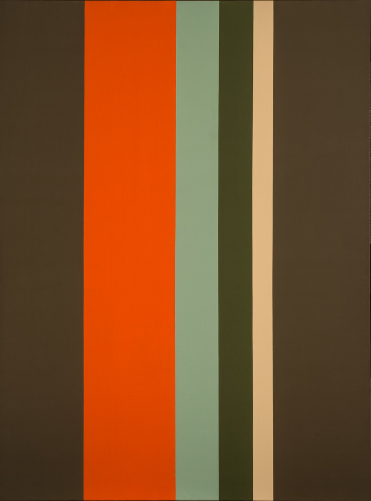 Large, minimalist painting consisting of six clean, vertical stripes of varying widths. At the center, the composition features a wide dark orange stripe with thinner pale yellow, mint and olive green stripes, flanked by two wide dark drab green stripes.