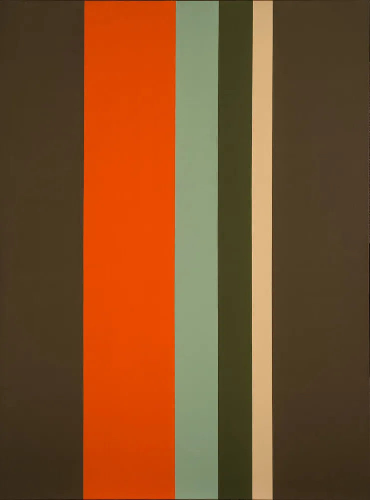 Large, minimalist painting consisting of six clean, vertical stripes of varying widths. At the center, the composition features a wide dark orange stripe with thinner pale yellow, mint and olive green stripes, flanked by two wide dark drab green stripes.