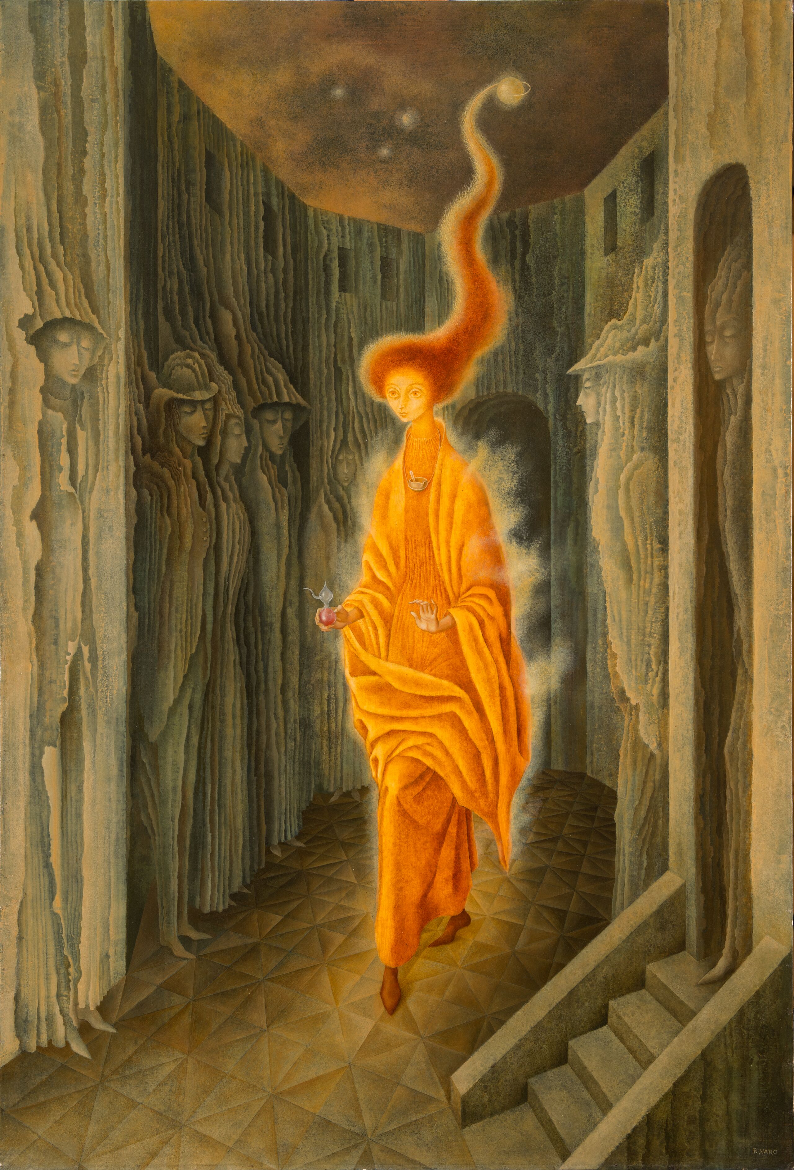 Rendered with precise brushwork, a tall, thin figure strides forward wearing flowing, orange garments emanating a misty golden aura. The figure’s fiery red hair stretches heavenward, encircling a celestial orb. Figures appear encased in the walls of the concave structure surrounding the central golden figure.