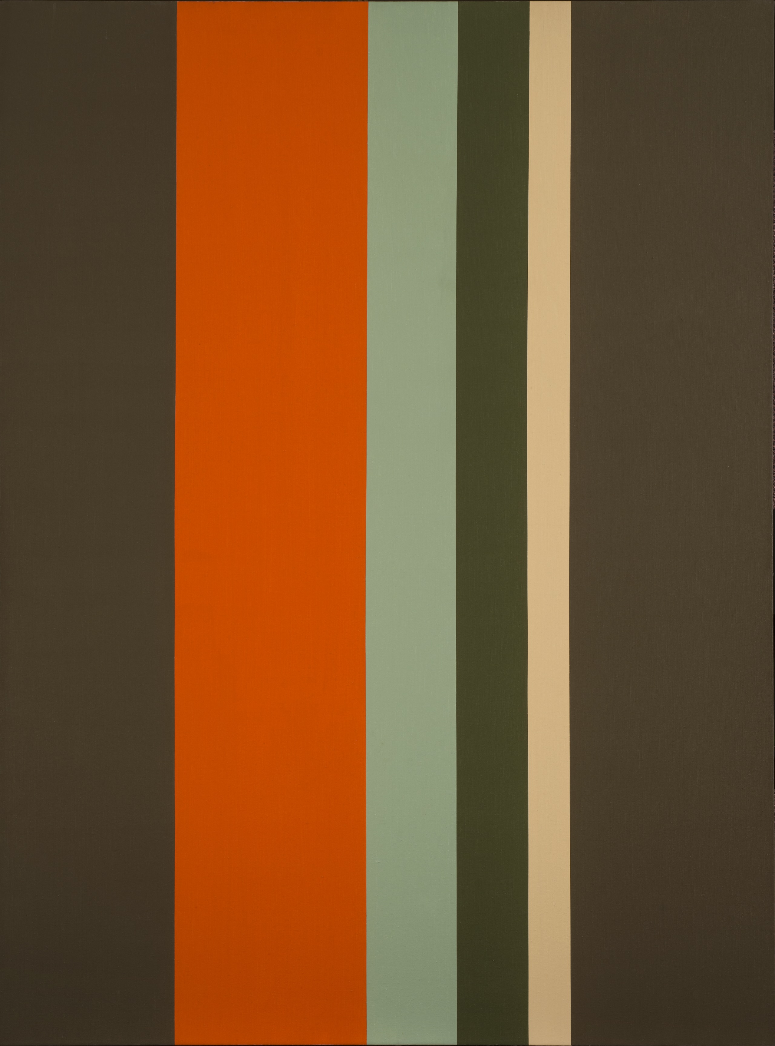 Large, minimalist painting consisting of six clean, vertical stripes of varying widths. At the center, the composition features a wide dark orange stripe with thinner pale yellow, mint and olive green stripes, flanked by two wide dark drab green stripes.