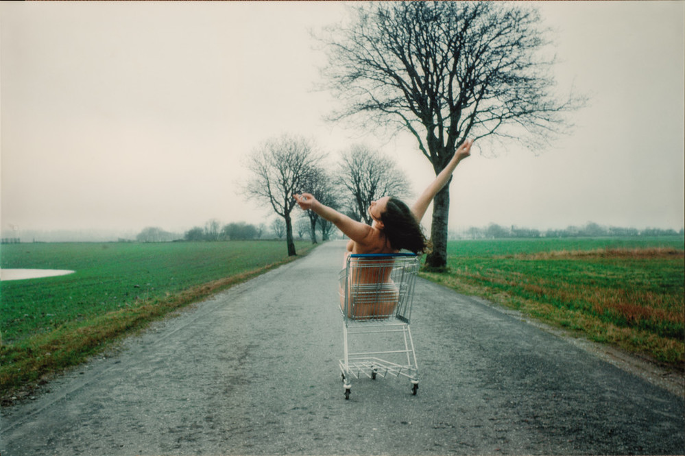 A photograph shows the nude artist sitting in a metal grocery cart. It is located on a paved road in a flat, empty landscape under a gray, misty sky. Her back to the viewer, the light-skinned, brunette woman holds her raised arms in a wide V-shape, suggesting joy or abandon.