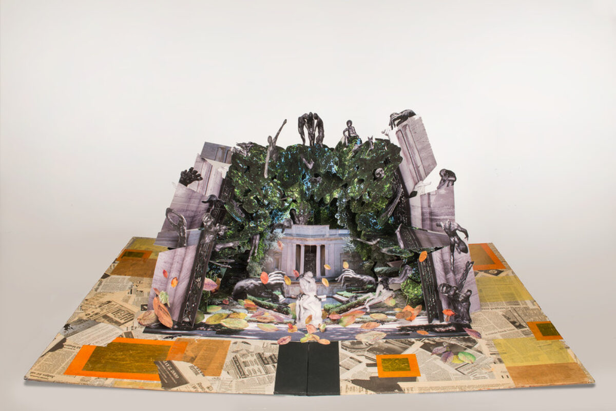 Large-scale pop-up book with Auguste Rodin's and Camille Claudel's sculptures in a deconstructed classical building. Sculptures populate a mass of greenery that overtakes the building, bordered by crumbling columns. Scattered petals of color match the collaged newspaper base.