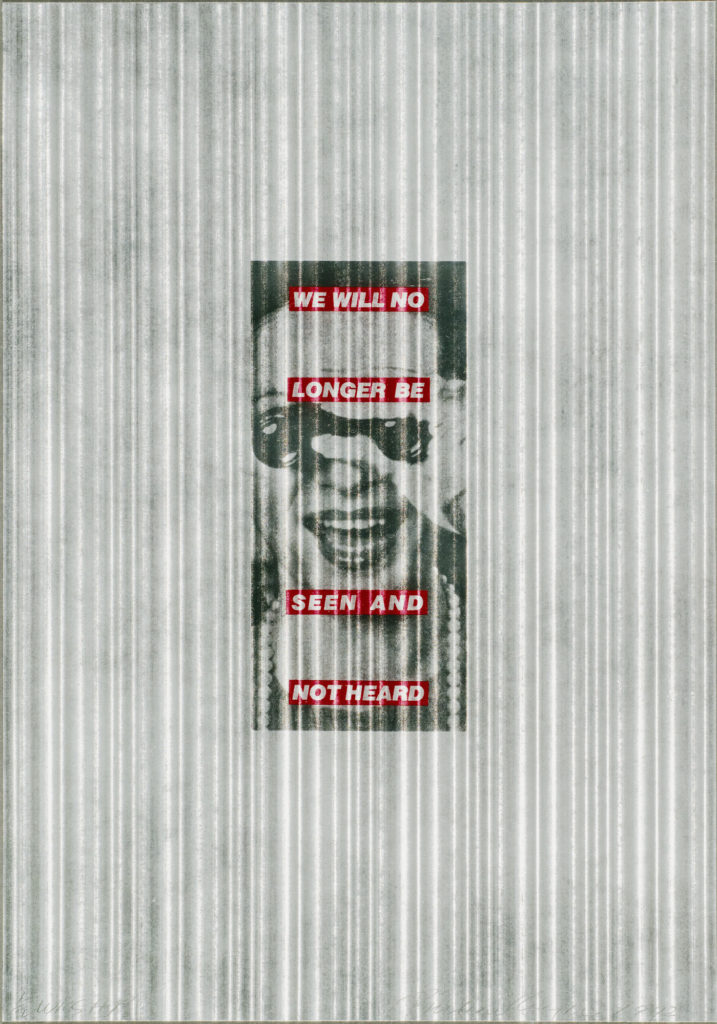 Black and white image of a light skinned woman in a pearl necklace and holding binoculars to her eyes, on a gray and white vertically striped background. Superimposed over the image are four red horizontal bands with "We will no longer be seen and not heard" in white block letters.