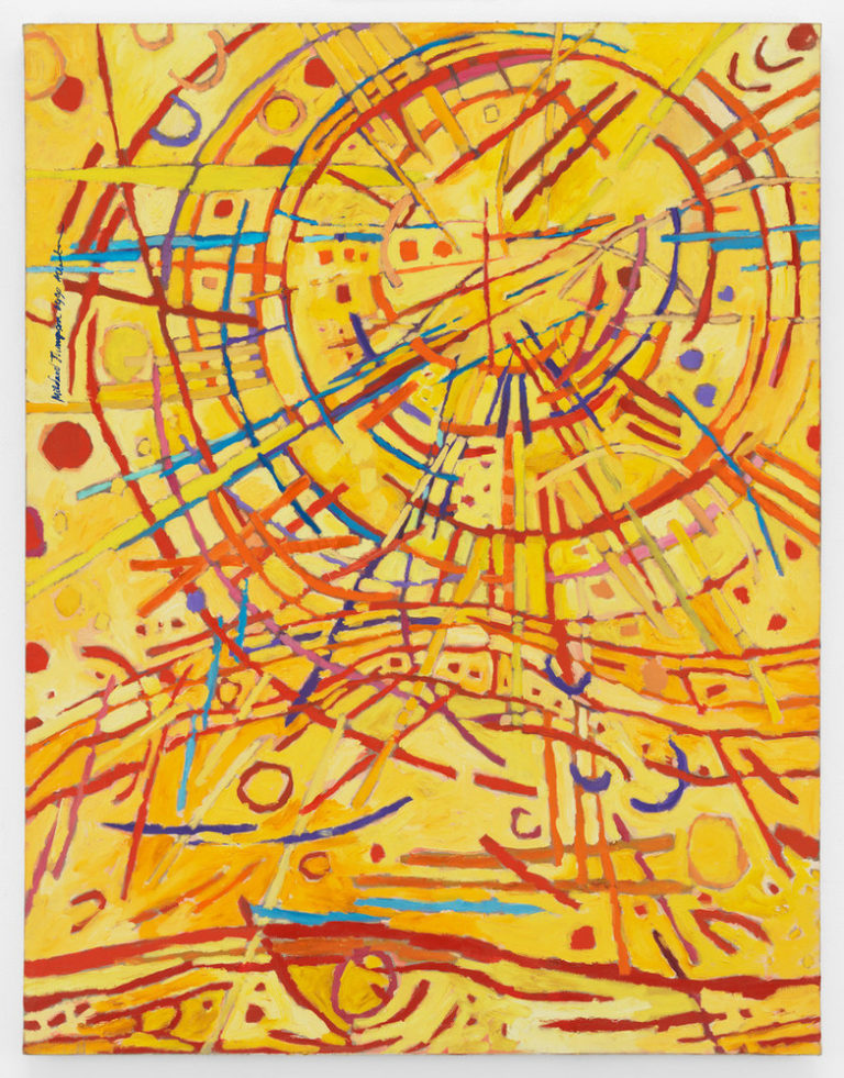 Abstract painting features a vivid yellow background covered by circles, daubs, and straight and wavy lines in red, orange, cobalt, sky blue, and violet. Arcing red strokes evoke concentric circles. Straight lines in other hues radiate out from the center circle like a starburst.