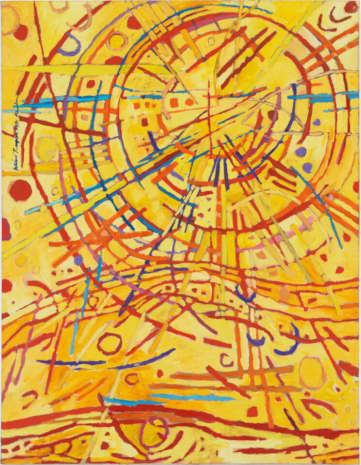 Abstract painting features a vivid yellow background covered by circles, daubs, and straight and wavy lines in red, orange, cobalt, sky blue, and violet. Arcing red strokes evoke concentric circles. Straight lines in other hues radiate out from the center circle like a starburst.