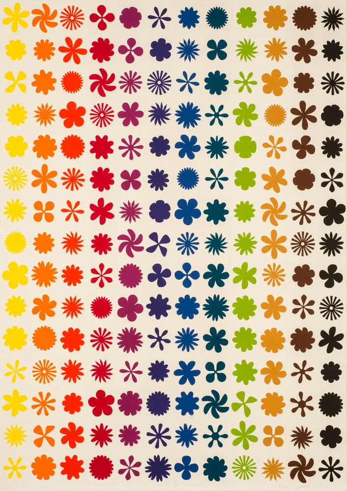 Twelve vertical columns—each a different color— of repeating flower, pinwheel, and starburst shapes on a white background.