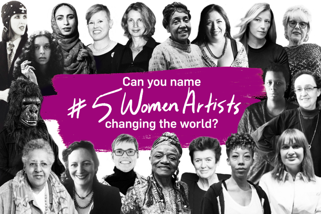 Graphic with photographs of women artists arranged in a large group, including Kiki Kogelnik, Ambreen Butt, Jennifer Celio, Susan Goethel Campbell, Alma Thomas, Betsabeé Romero, Cindy Sherman, Judy Chicago, Mickalene Thomas, Mónica Mayer, Tanya Habjouqa, Amy Sherald, Ursula von Rydingsvard, Faith Ringgold, Jami Porter Lara, Nan Goldin, Howardena Pindell, Guerrilla Girls and Barbara Kruger