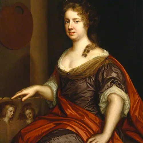 Painting of a woman with a light skin tone and auburn hair. She sits next to an artist's palette and props up a partially finished painting of two figures with her right hand. Her dress, in white, red and eggplant, has voluminous sleeves and folds that catch the light.